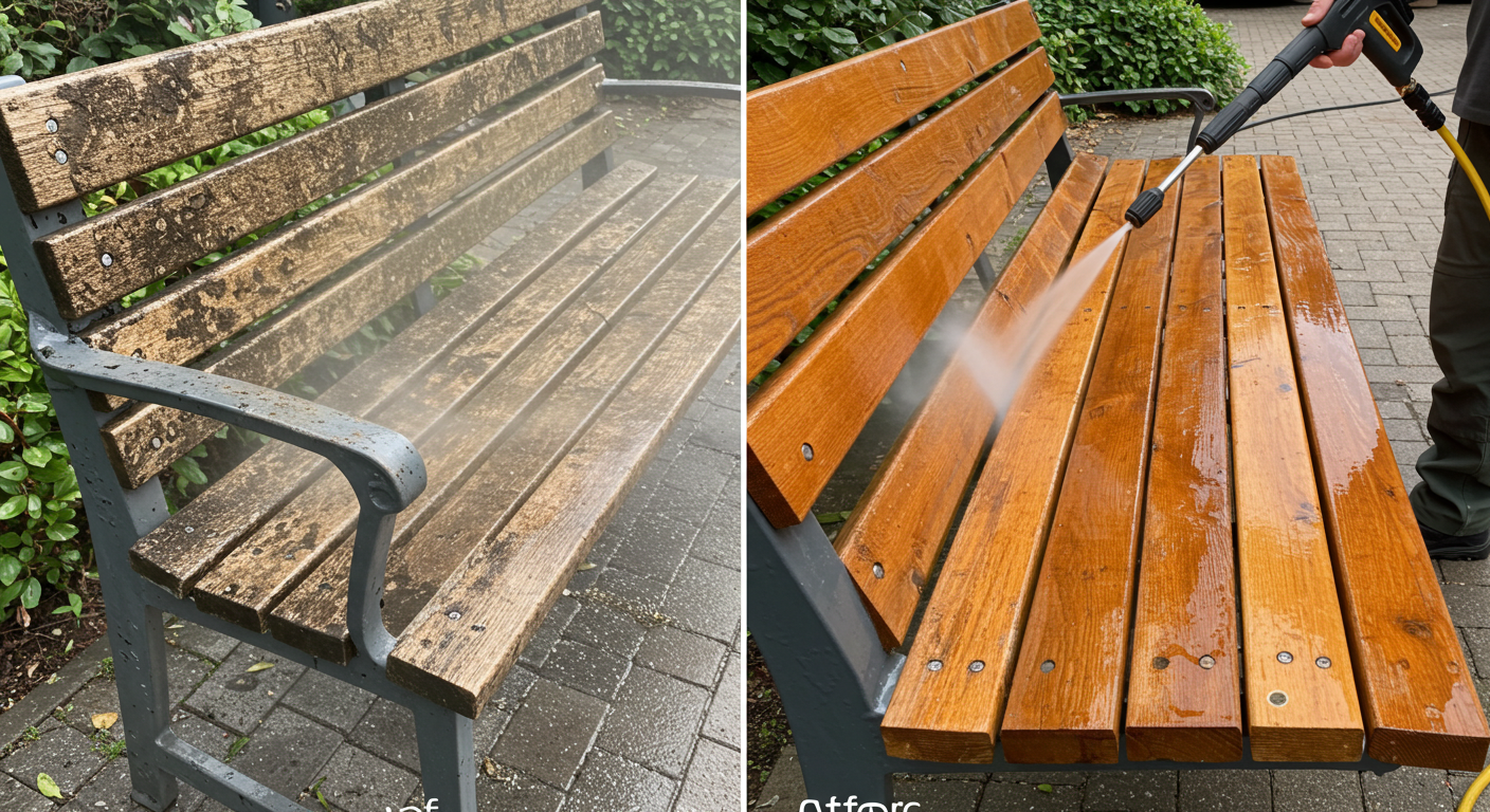 Technician pressure washing an outdoor wooden bench, revealing a dramatic before-and-after surface transformation