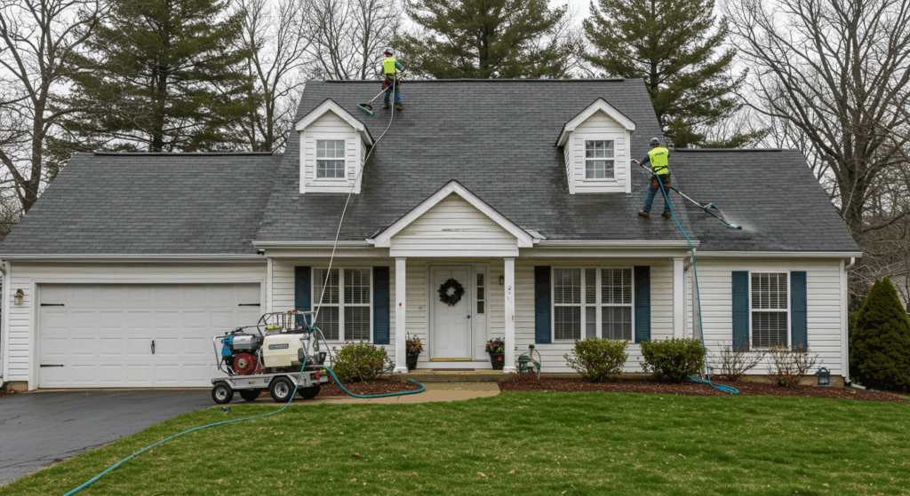Soft wash technician spraying eco-friendly solution on a stained shingle roof in Tampa, Florida to remove black algae