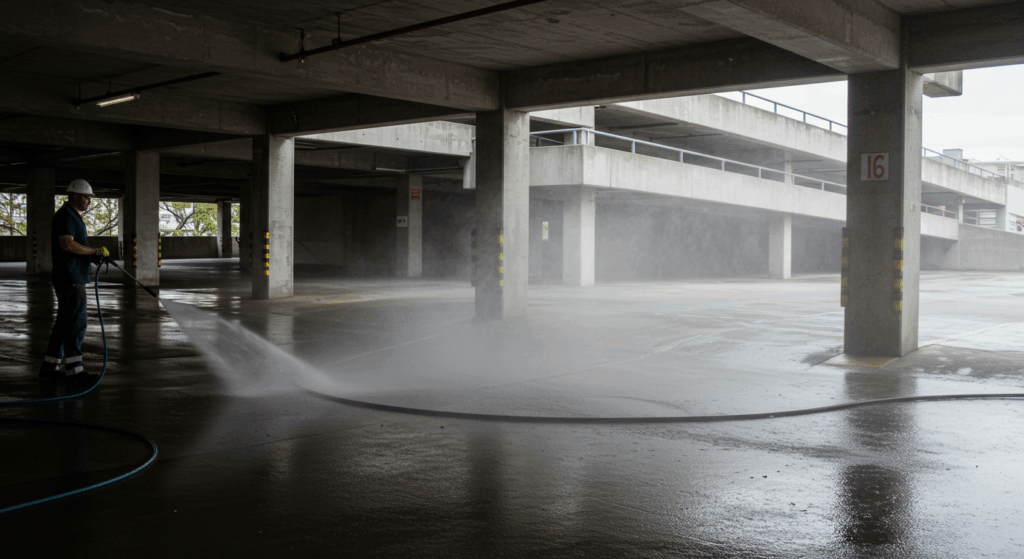 Commercial pressure washing at an parking garage